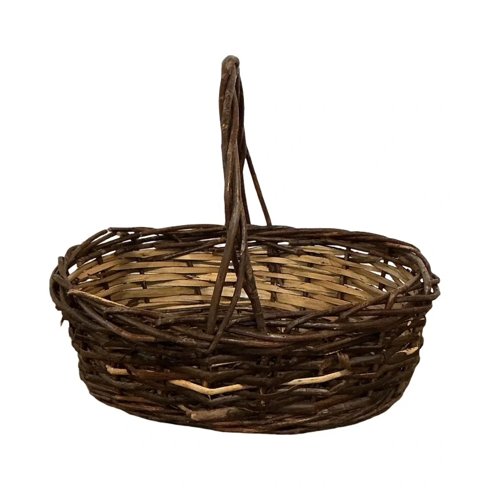 Vintage Rustic Woven Wicker‎ Basket Arched Handle Dark Wood Cottagecore Oval